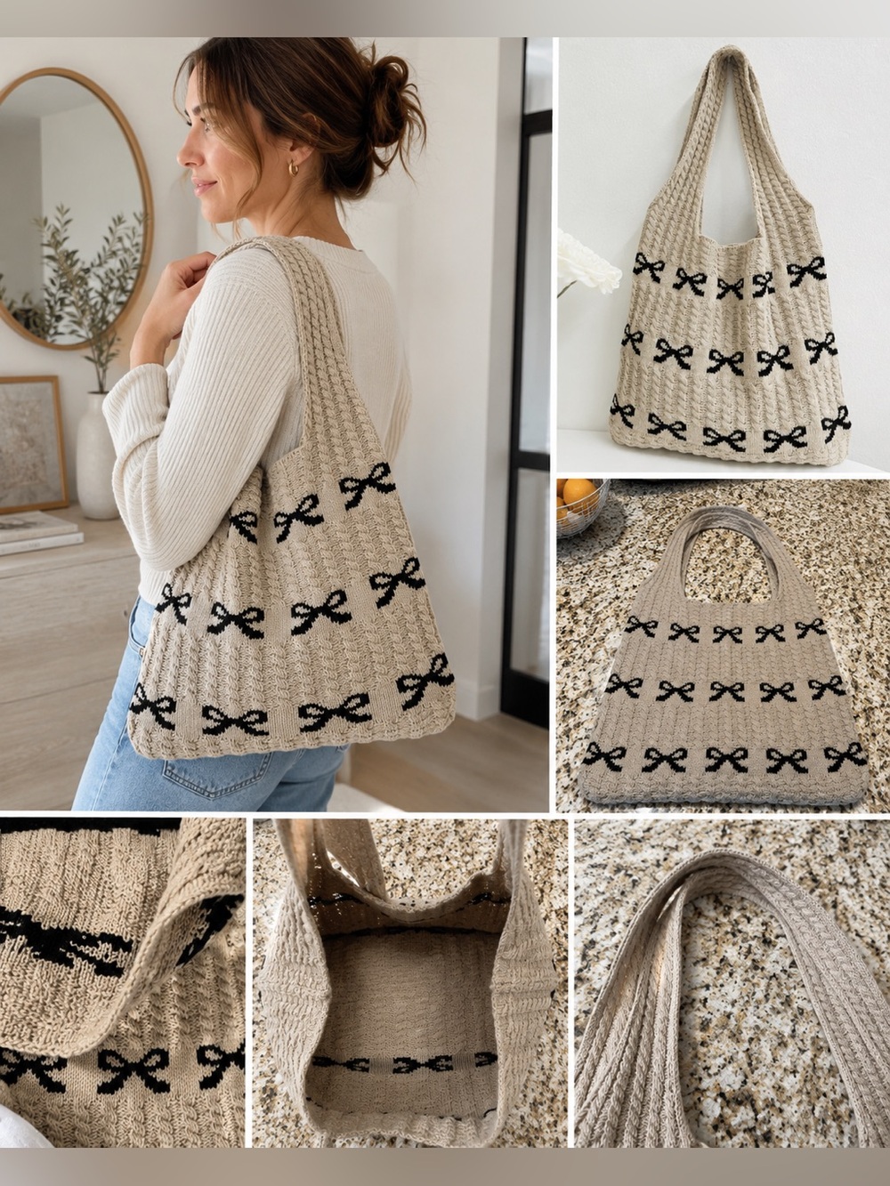 EUC Title: Coquette Bow Knit
Tote Bag Beige Black
Cable Knit Shoulder Bag